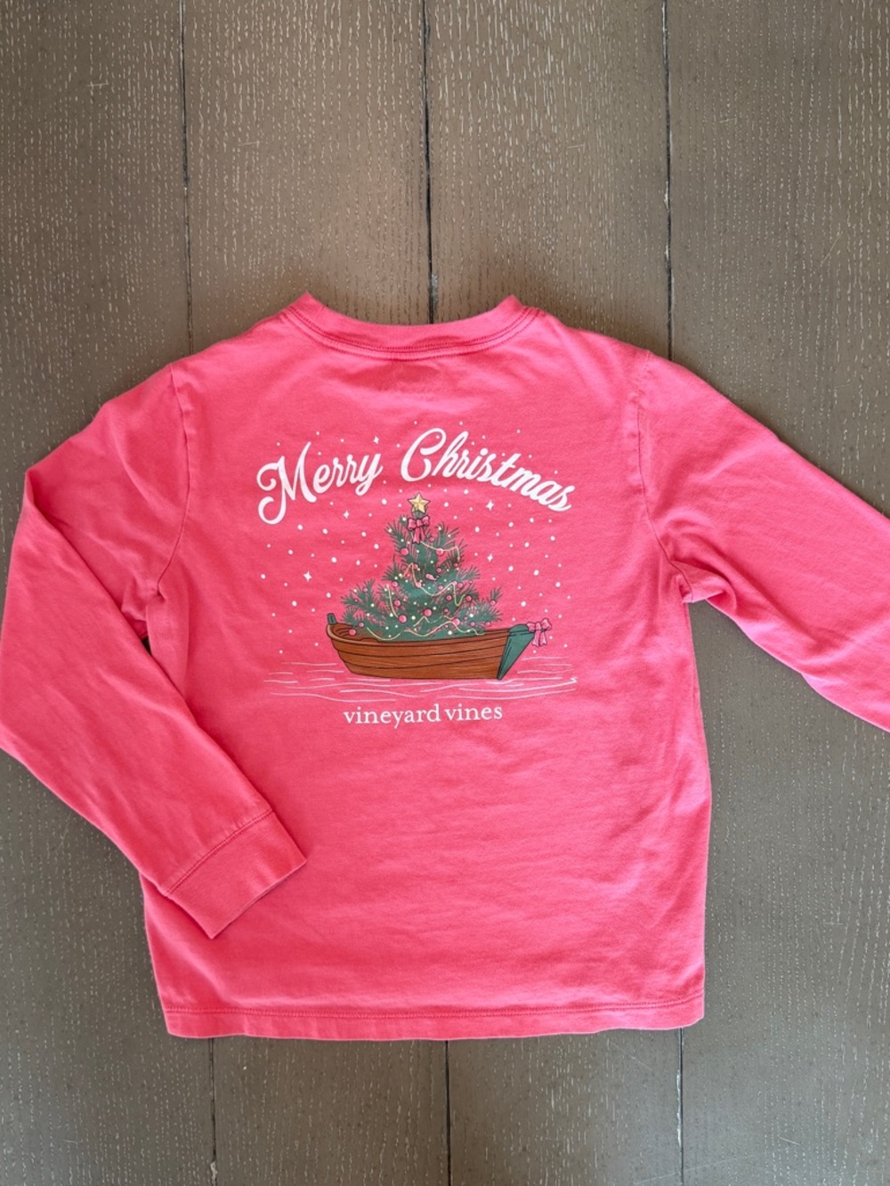 Vineyard Vines Girls’ “Merry Christmas” Pink Long-Sleeve Pocket Tee • Size 7 (S)